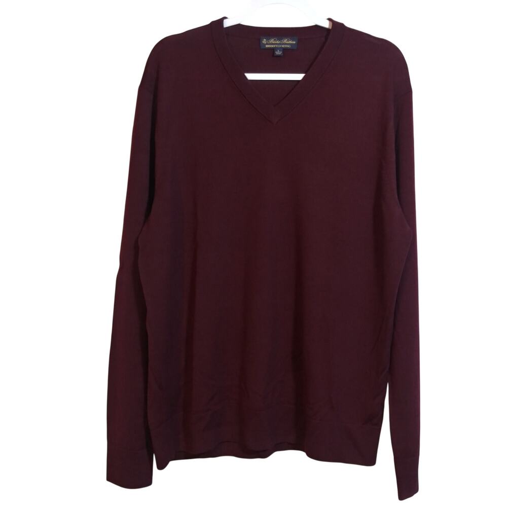 Brooks Brothers Brookstech Burgundy Merino Wool V Neck Sweater Size L